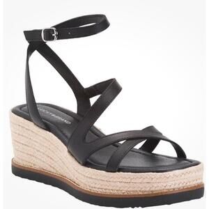 New Lucky Brand Carolie Black Leather Espadrille Platform Wedge Sandals Size 8.5